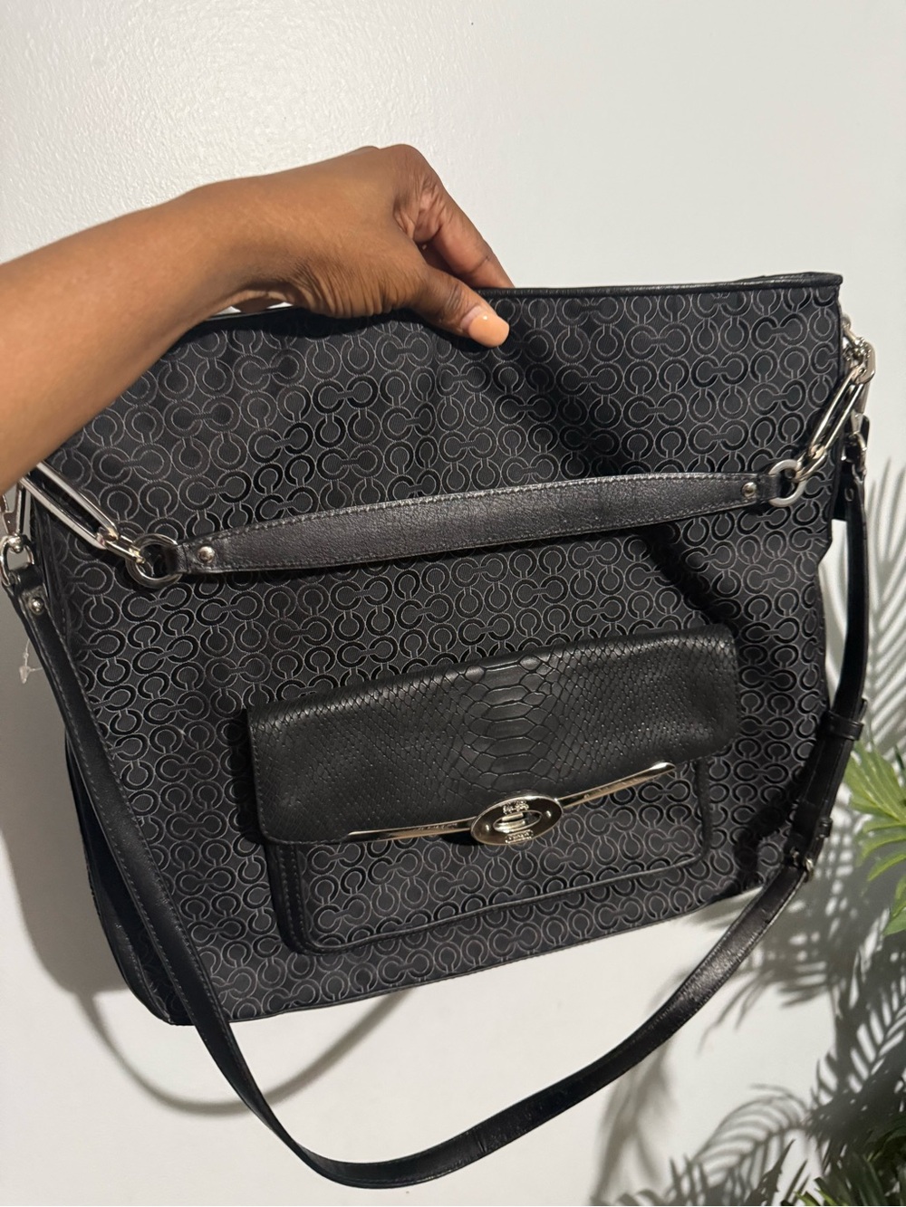 Coach Black Signature Pattern Shoulder Bag with Front Flap